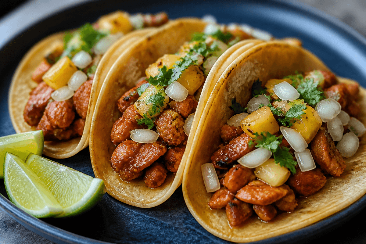 Built al pastor chicken tacos with toppings