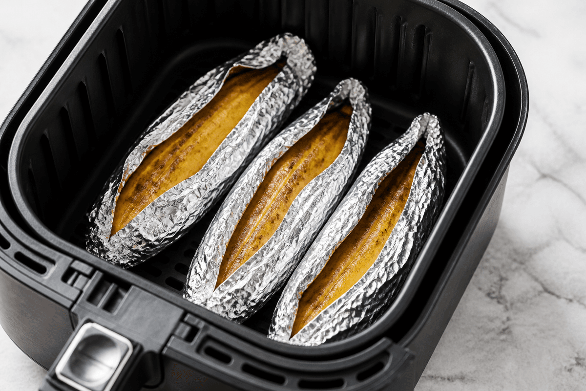 Foil-wrapped banana boats in the air fryer basket