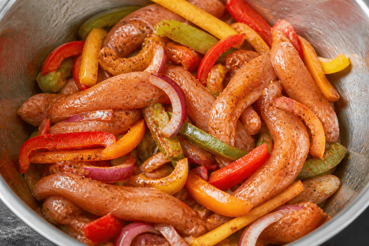 Chicken strips peppers and onions tossed in fajita spices