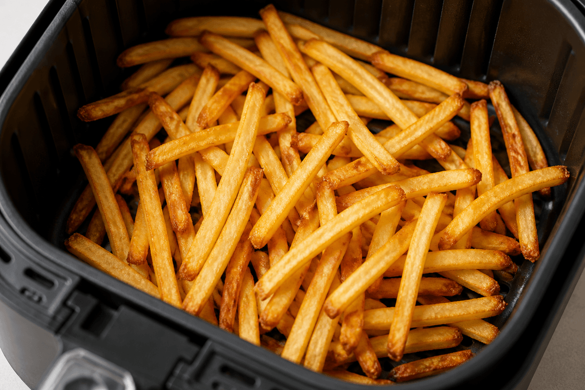 Golden crispy french fries in the air fryer basket