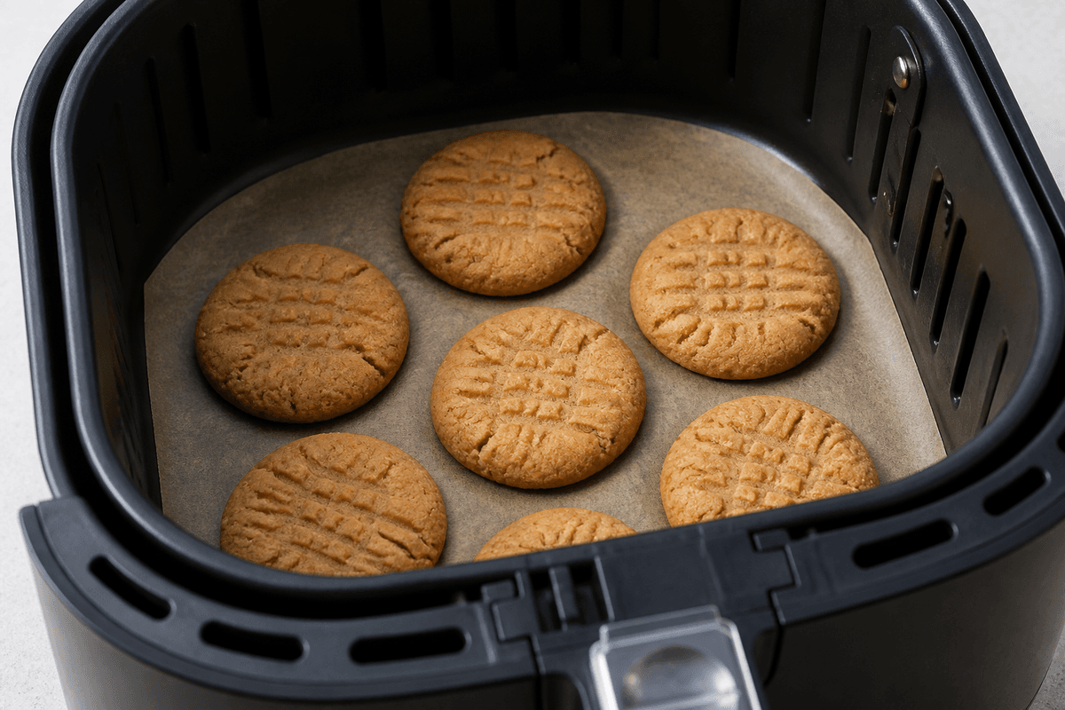 Peanut butter cookies baking on parchment in the air fryer