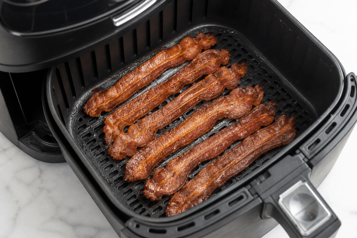 Crispy cooked bacon strips in the air fryer