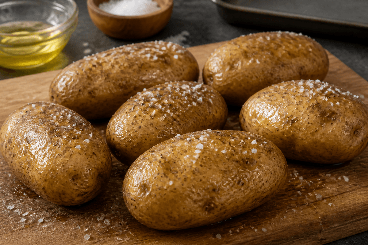 Russet potatoes rubbed with oil and salt before baking