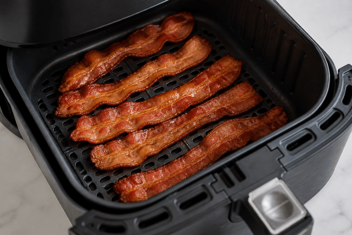 Bacon cooking in the air fryer basket