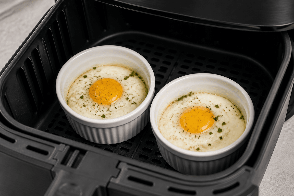 Eggs in ramekins cooking in the air fryer