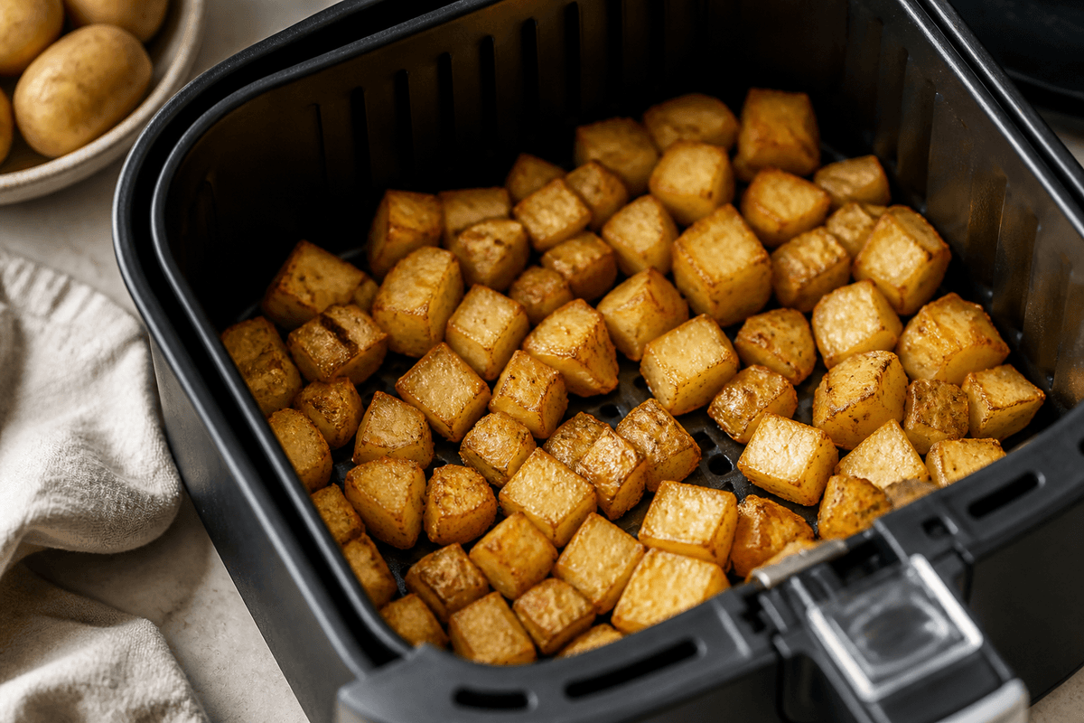 Breakfast potatoes crisping in the air fryer basket