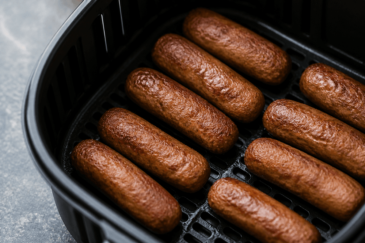 Browned breakfast sausage cooked in the air fryer