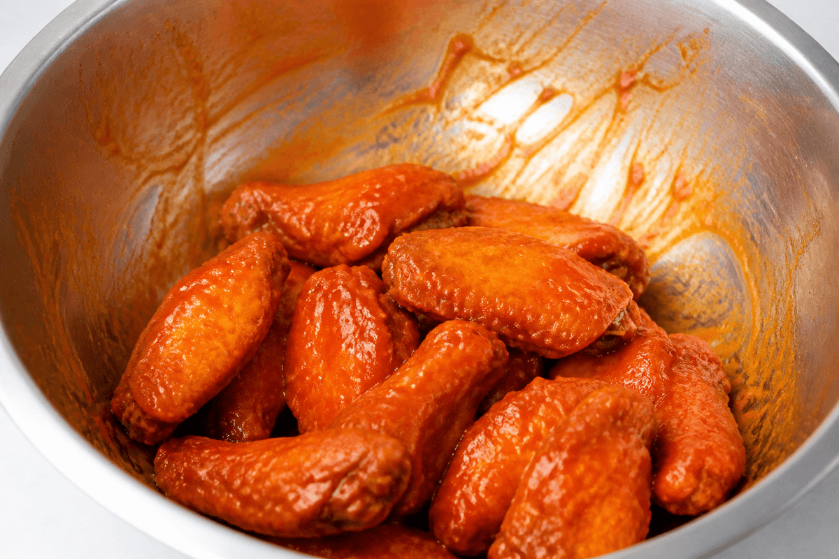 Crispy wings tossed in Buffalo sauce in a bowl