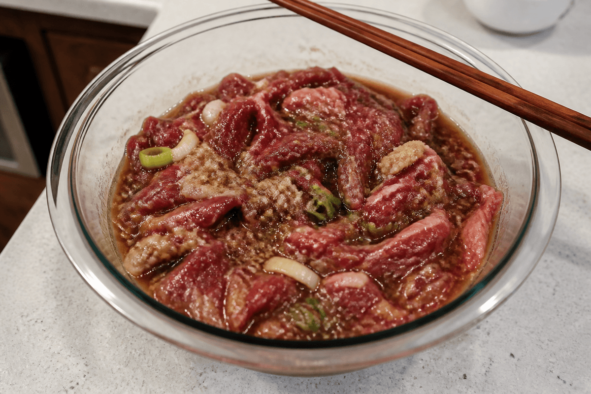 Thin-sliced beef in bulgogi marinade