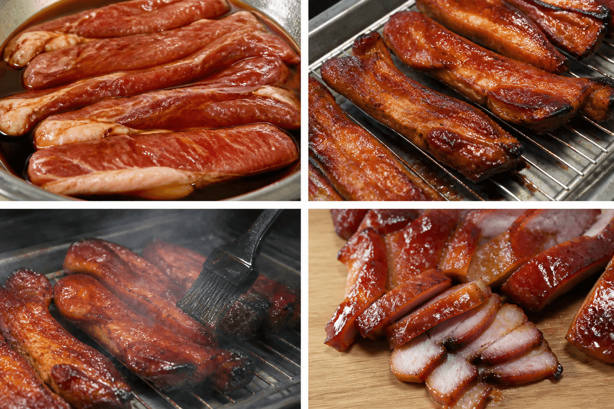 Lacquered char siu pork after glazing