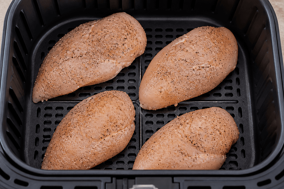 Seasoned chicken breasts in a single layer in the air fryer basket