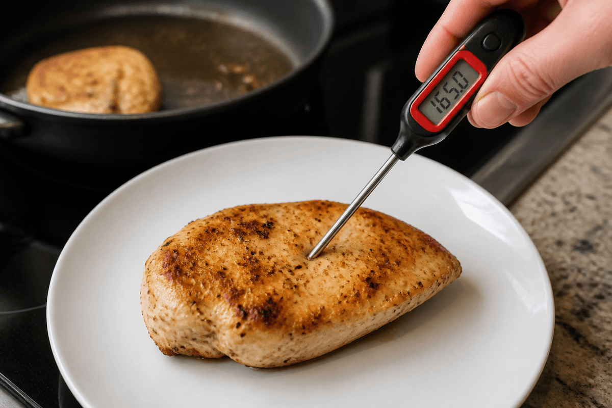 Checking cooked chicken breast with an instant-read thermometer