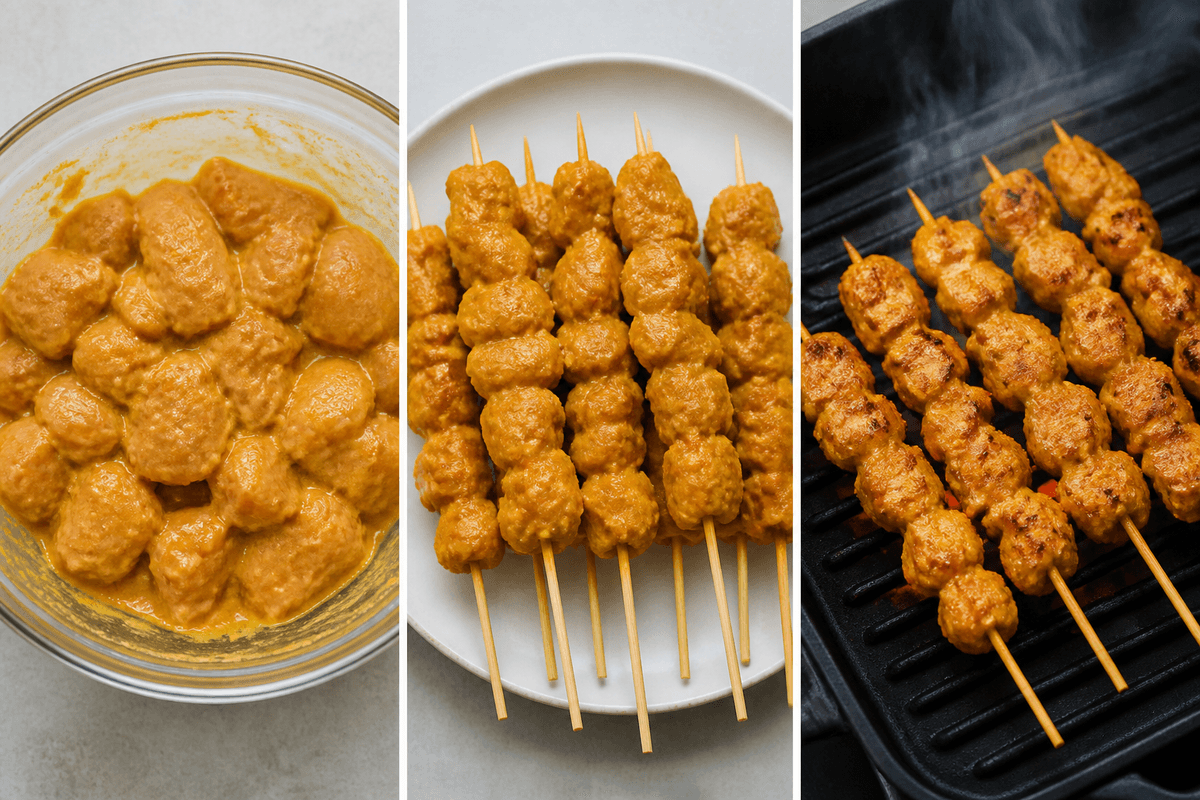 Marinated chicken threaded on skewers