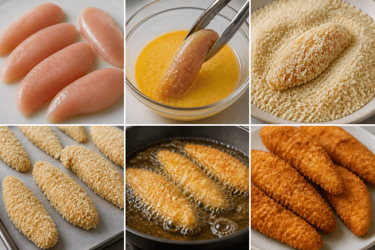 Chicken strips coated in panko breadcrumbs