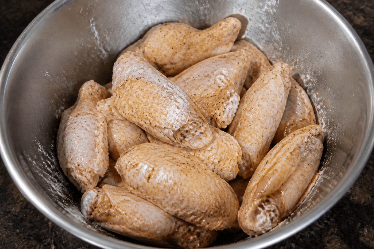 Raw chicken wings coated in seasoning and baking powder