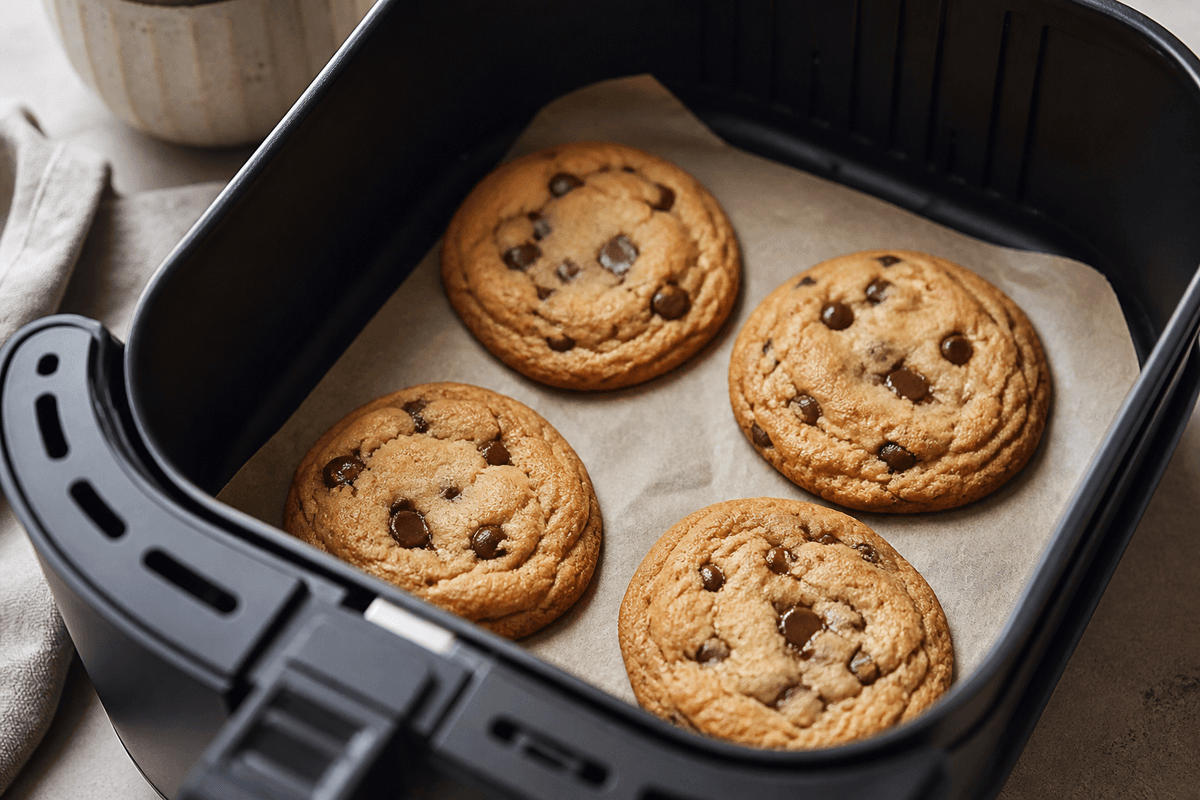 Chocolate chip cookies baking in the air fryer