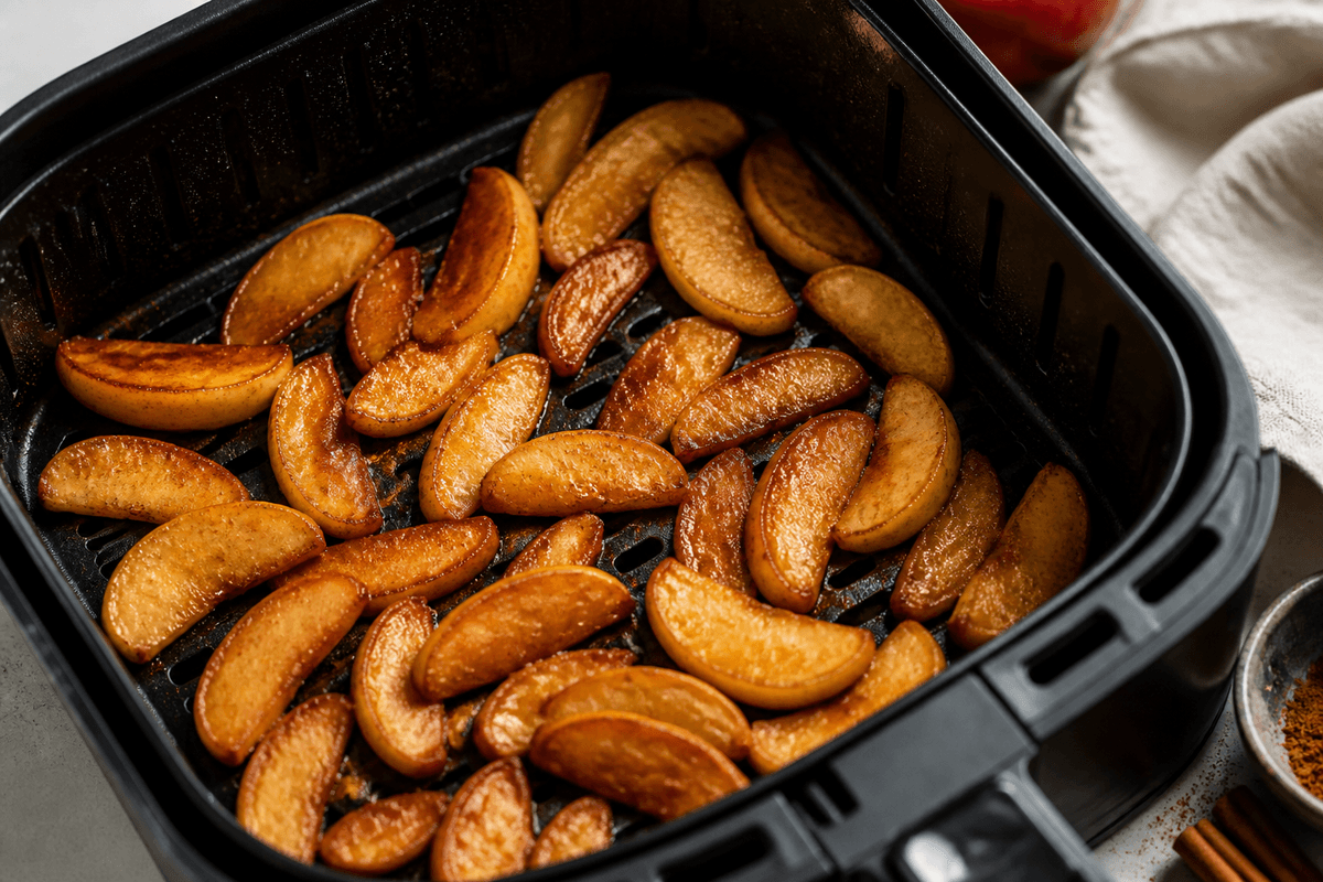 Cinnamon apples cooking in the air fryer basket