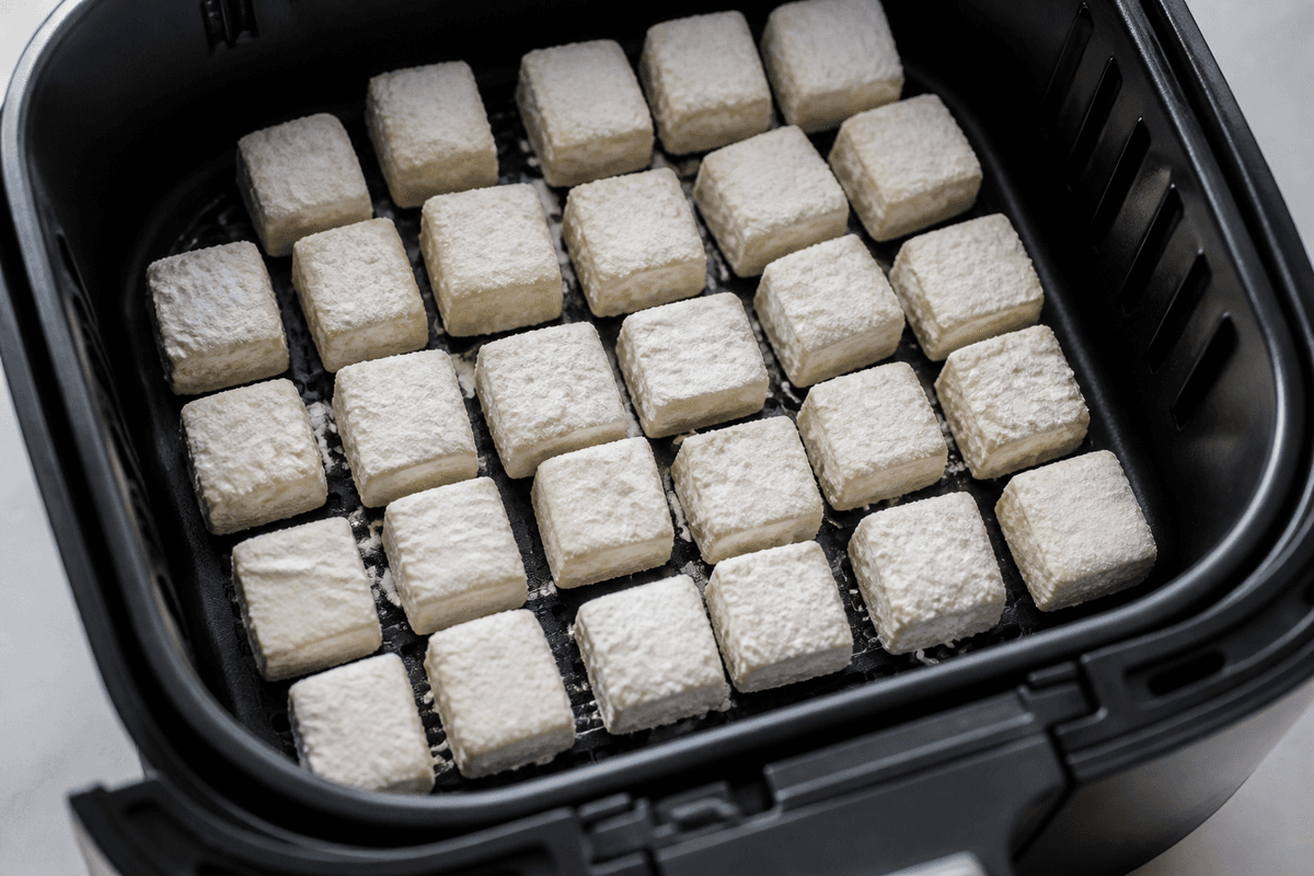 Cornstarch-coated tofu cubes in the air fryer basket