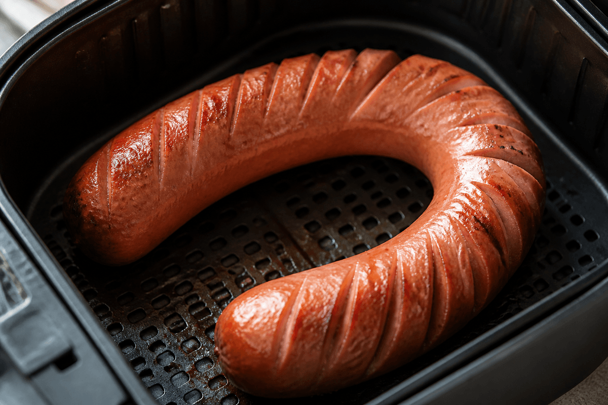 Falukorv browning in the air fryer basket