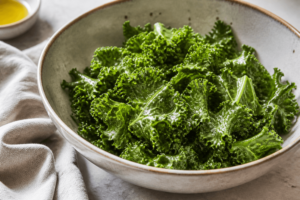 Kale leaves tossed with oil and salt in a bowl