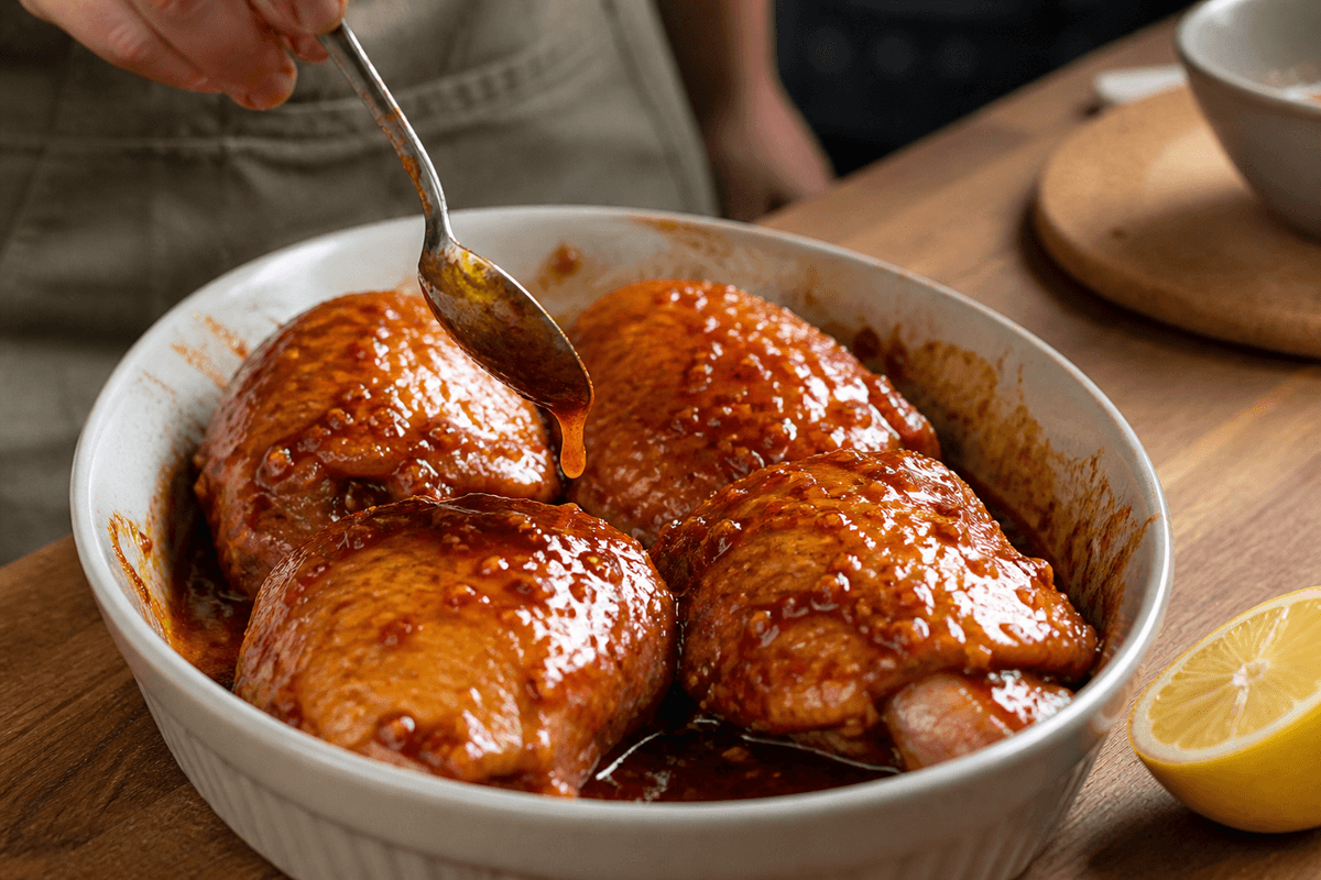 Chicken thighs coated in harissa marinade