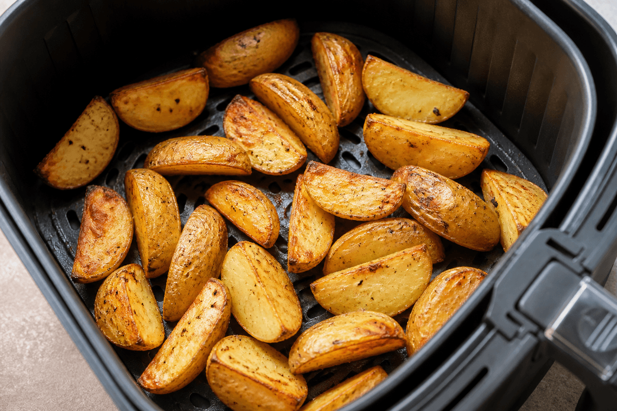 Klyftpotatis crisping in the air fryer basket