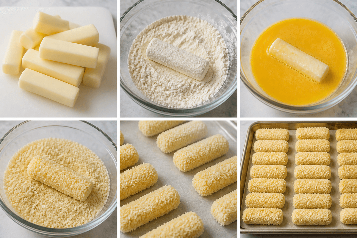 Mozzarella sticks double-breaded before freezing