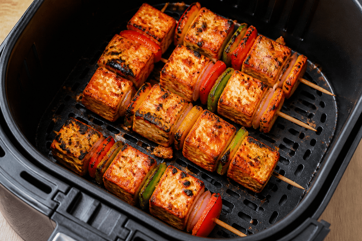 Paneer tikka cooking in the air fryer basket