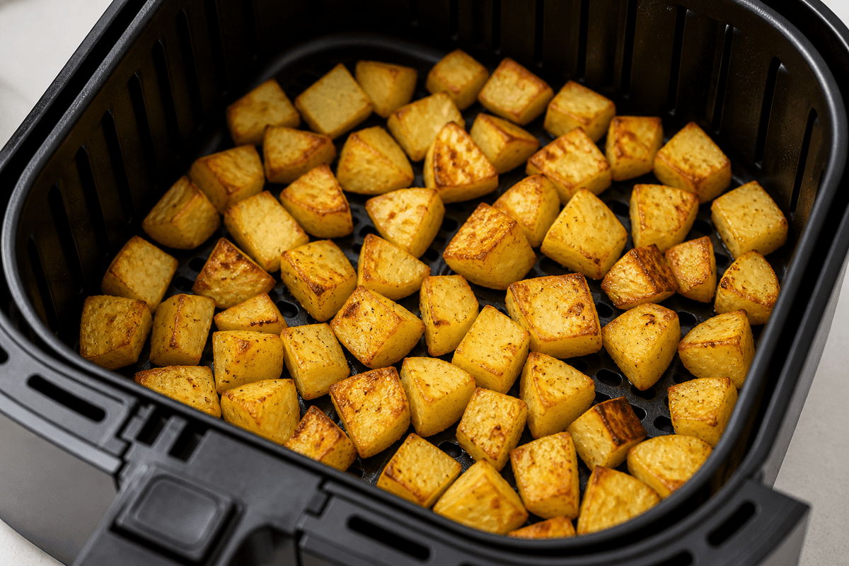 Patatas bravas cubes in the air fryer basket