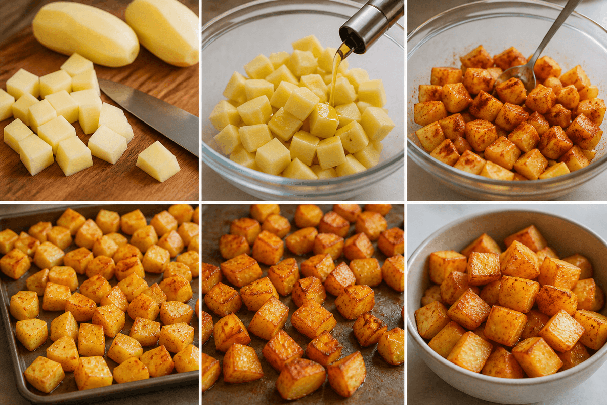 Potato cubes tossed with oil and paprika