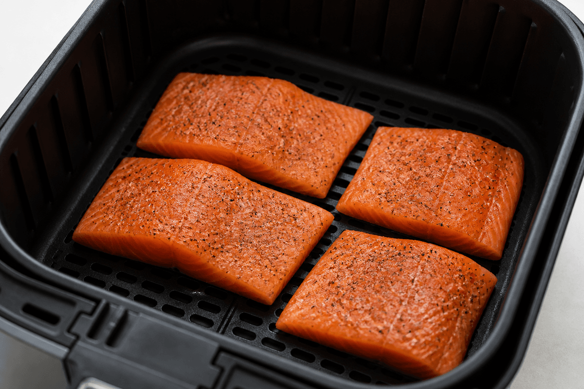 Salmon fillets skin-side down in the air fryer basket