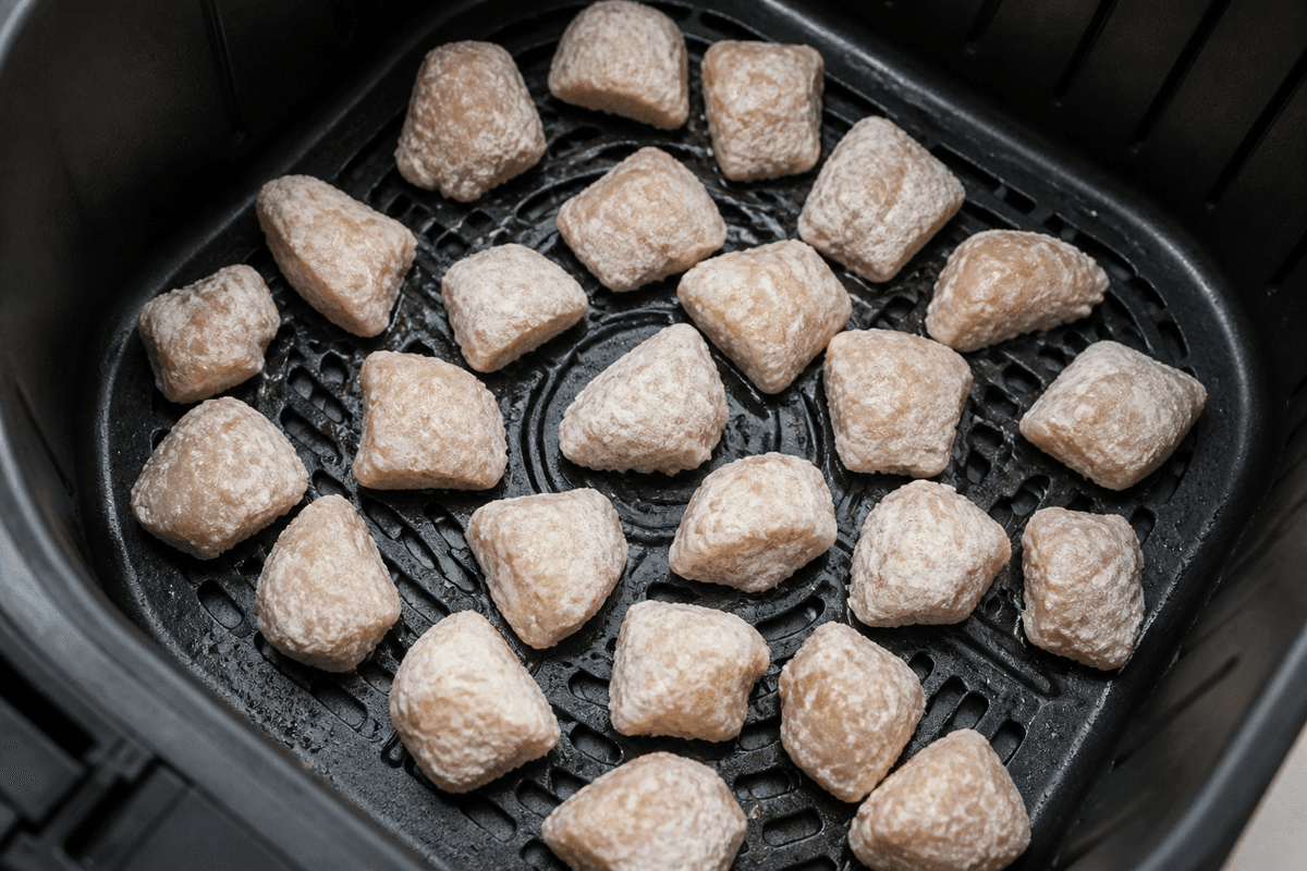 Coated sesame chicken cubes in a single layer in the air fryer