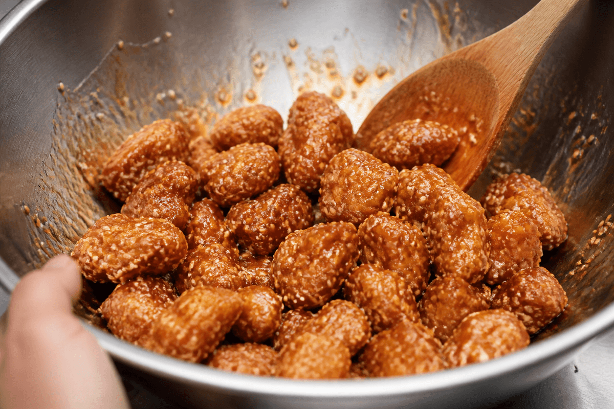 Crispy chicken tossed in sesame sauce in a bowl