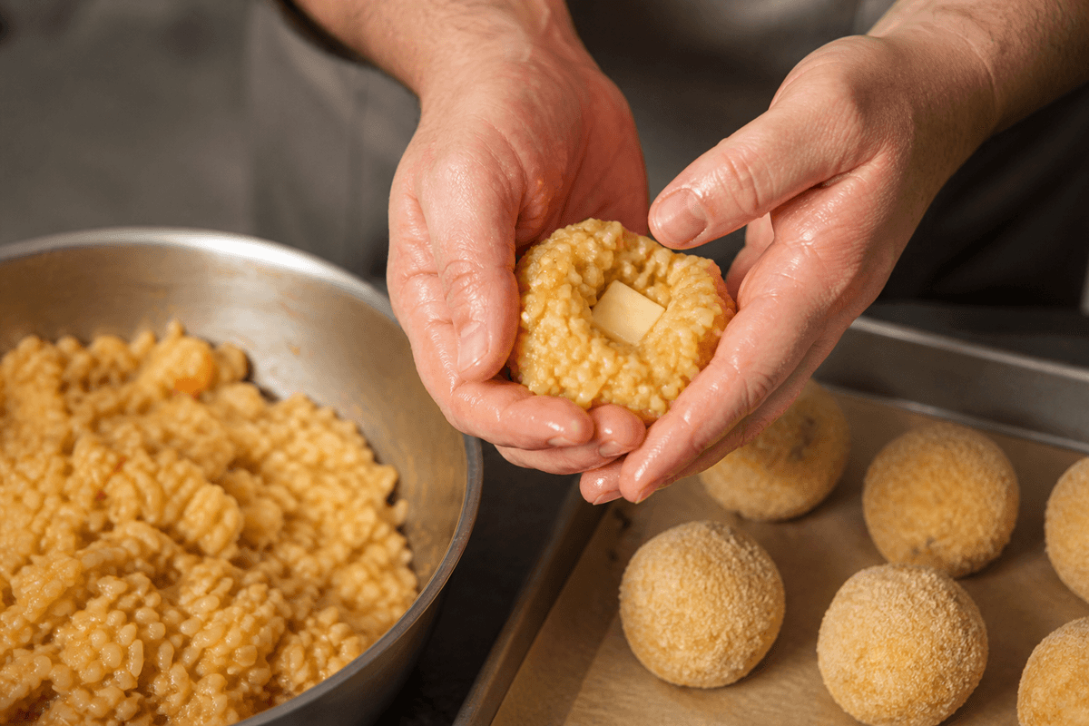 Risotto balls shaped around mozzarella