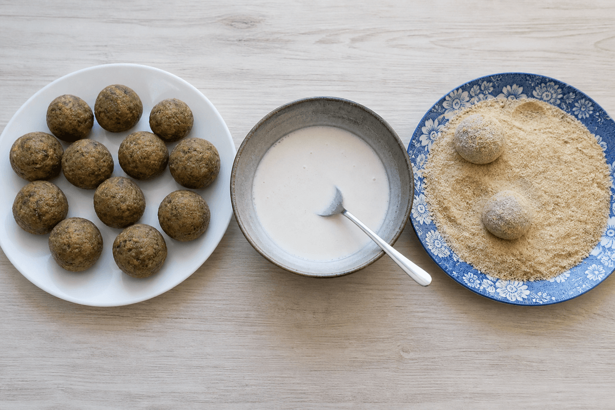 Round cutlet balls next to flour batter and breadcrumbs