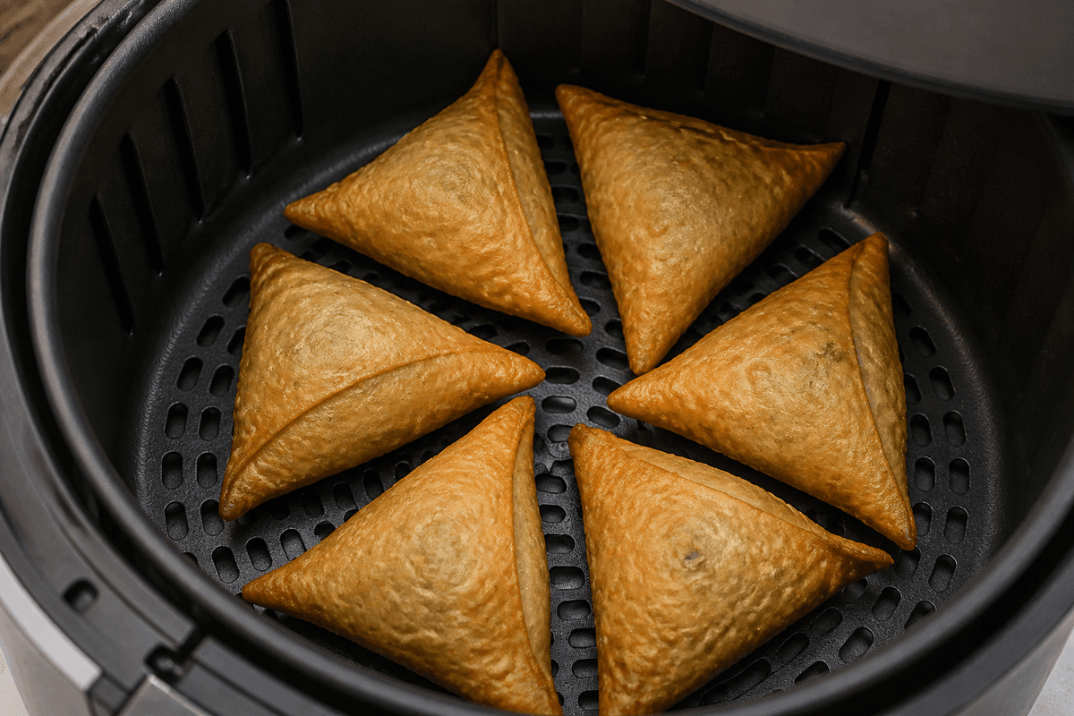 Samosas cooking in the air fryer basket
