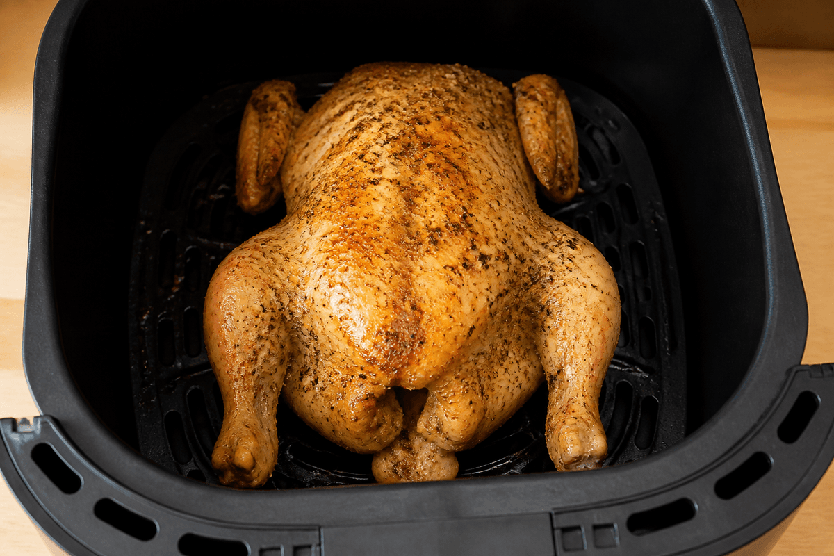 Seasoned whole chicken breast-side down in the air fryer basket