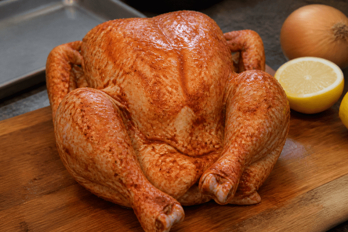 Whole chicken rubbed with oil and spices before air frying